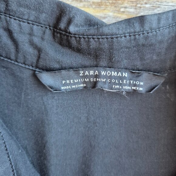 ZARA Floral Embroidered Cotton Silk Oversize Shirt Button Long Sleeve Black - Picture 7 of 13